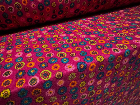 Stretch knitwear jersey fashion fabric, per metre - retro flower print - fuchsia