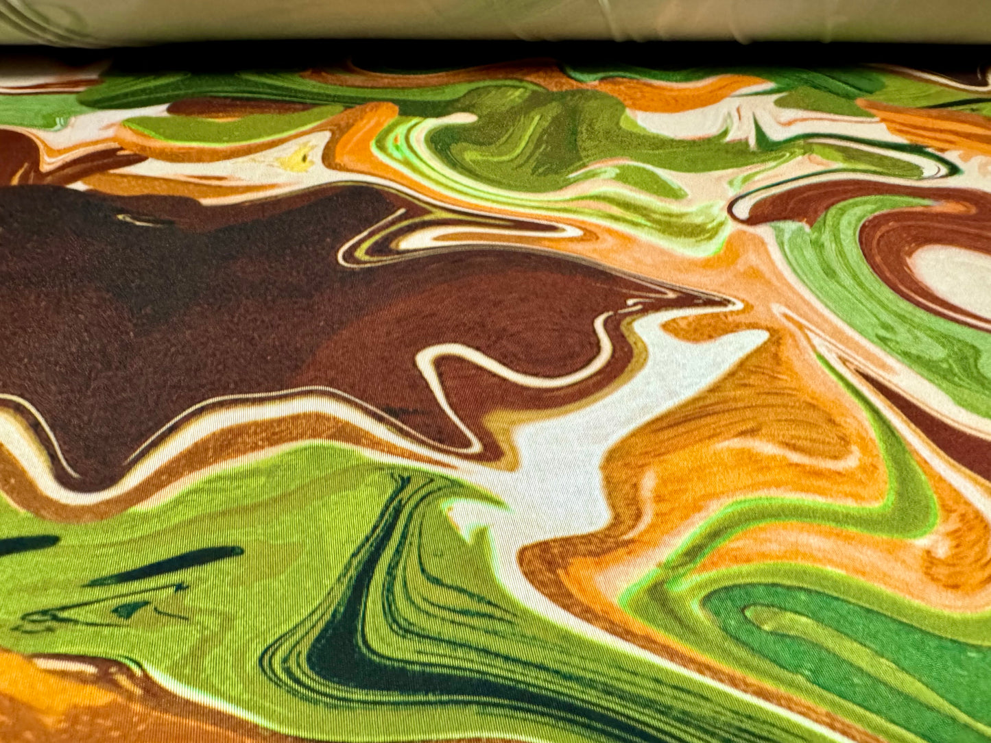 Soft touch stretch spandex single jersey fabric, per metre - abstract print - jungle green & brown