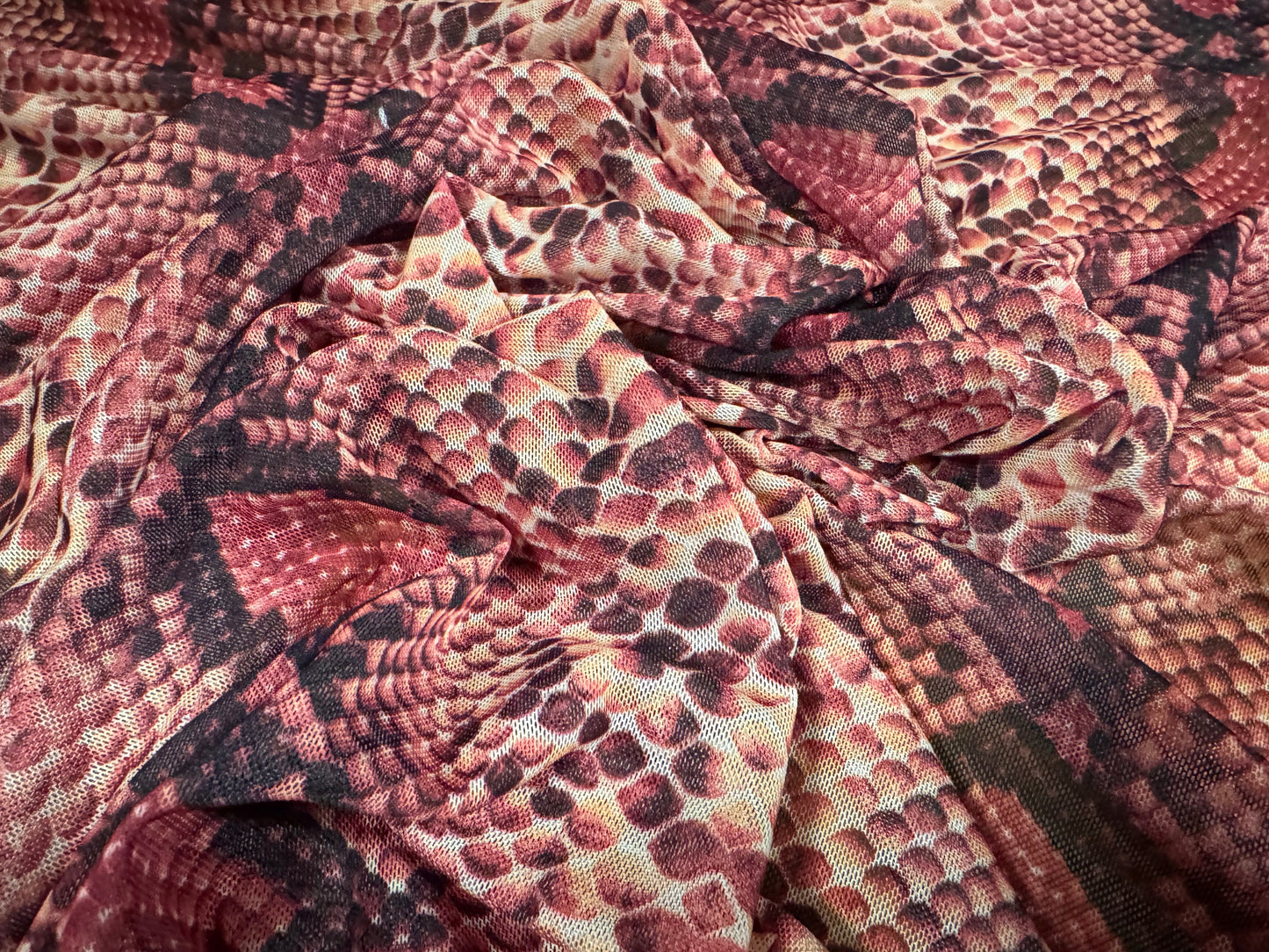 Power mesh net stretch spandex fabric, per metre - snake skin animal print - berry