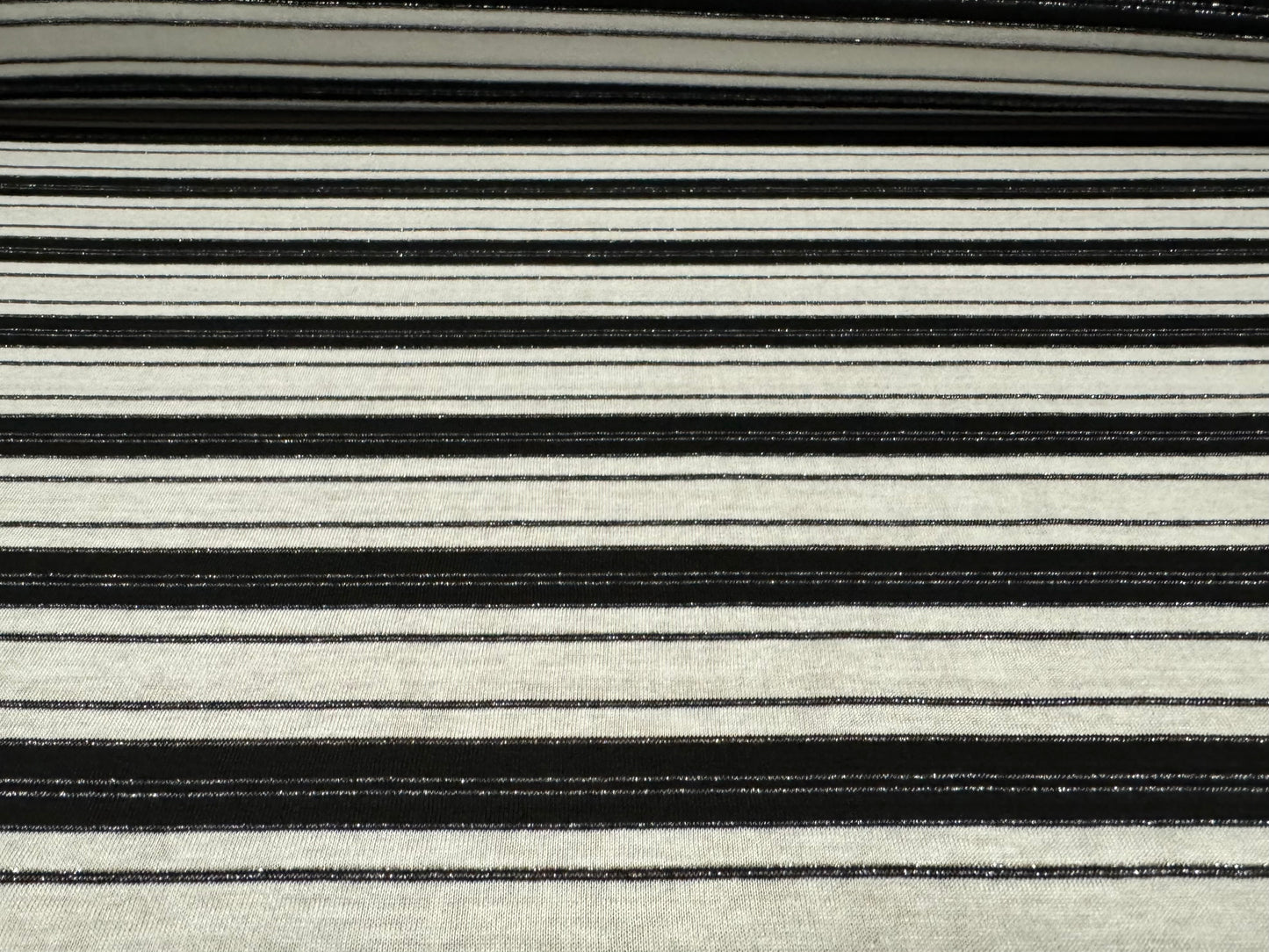 Metallic viscose single jersey fabric, per metre - lurex stripe - black white & silver