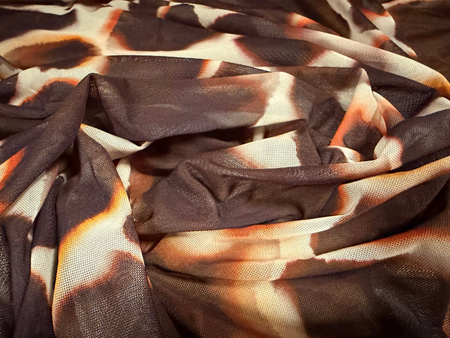 Power mesh net stretch spandex fabric, per metre - giraffe print - brown orange & cream