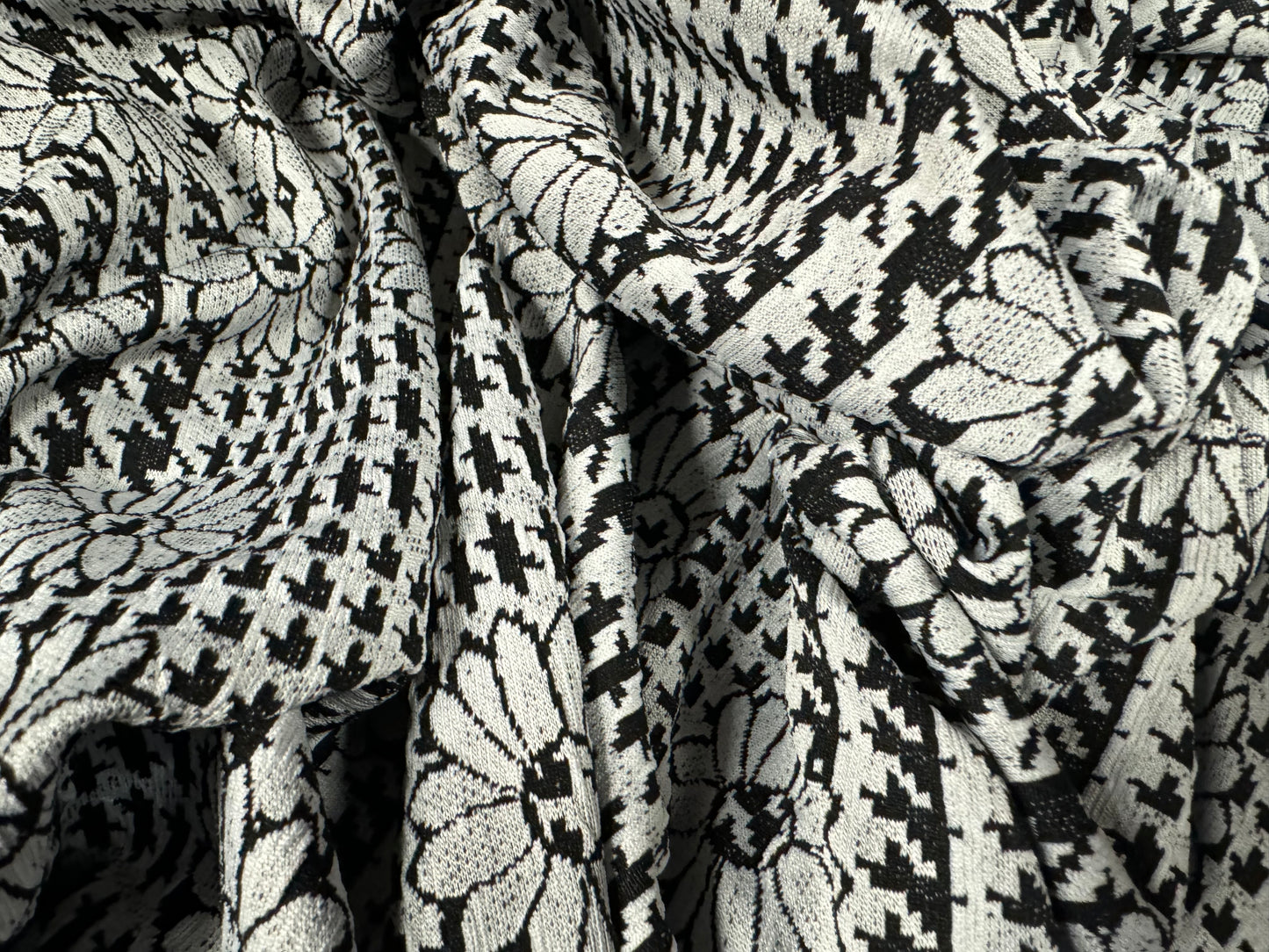 Double jersey stretch spandex dress fabric, per metre - daisy check jacquard - monochrome