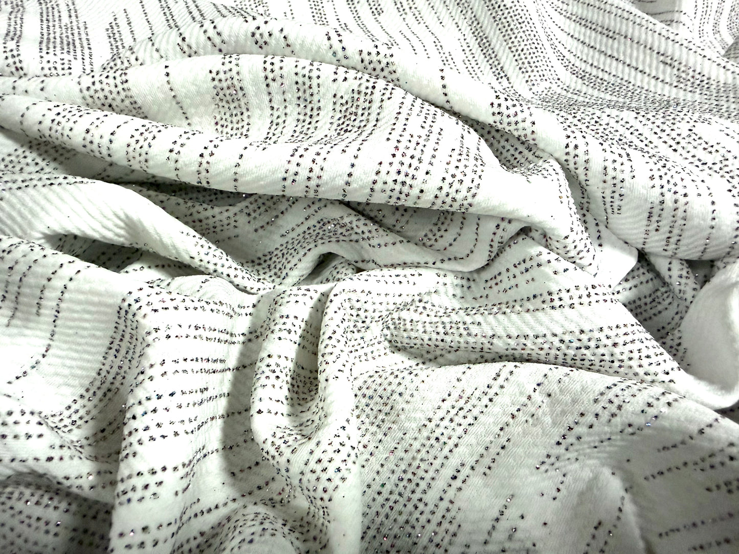 Waterfall stretch double jersey fabric, per metre - rainfall glitter print - white & silver