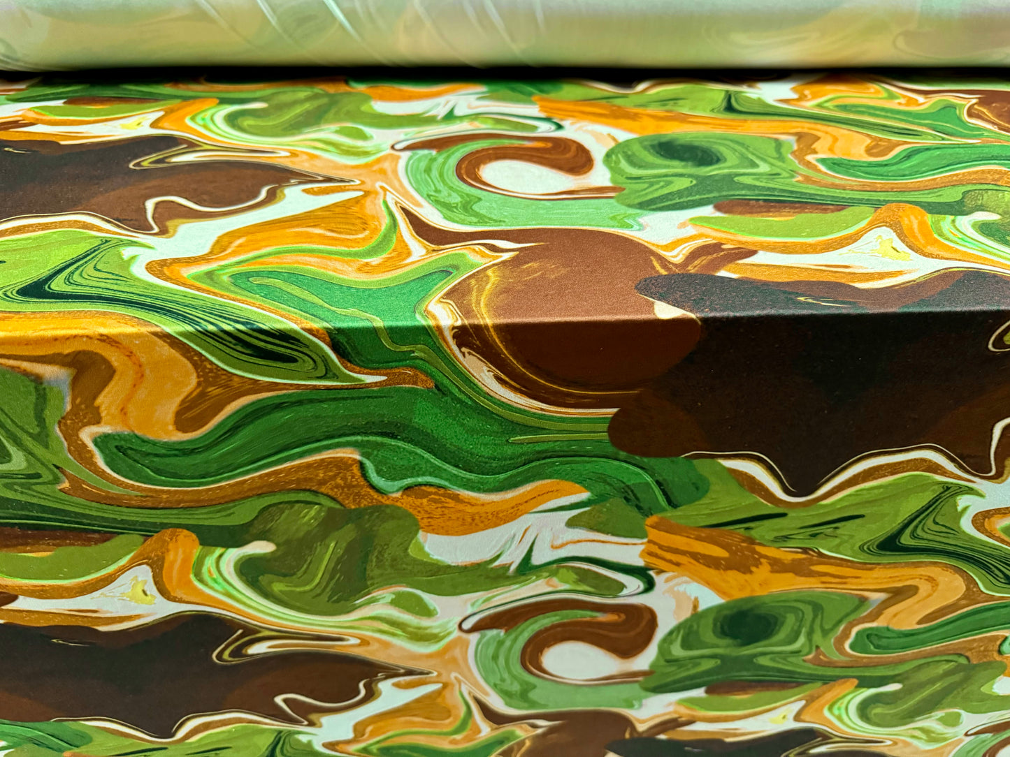 Soft touch stretch spandex single jersey fabric, per metre - abstract print - jungle green & brown