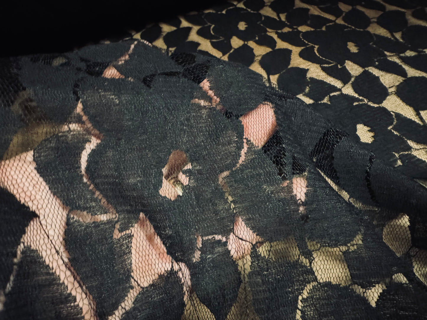Cotton burnout mesh lace fabric, per metre - floral - black