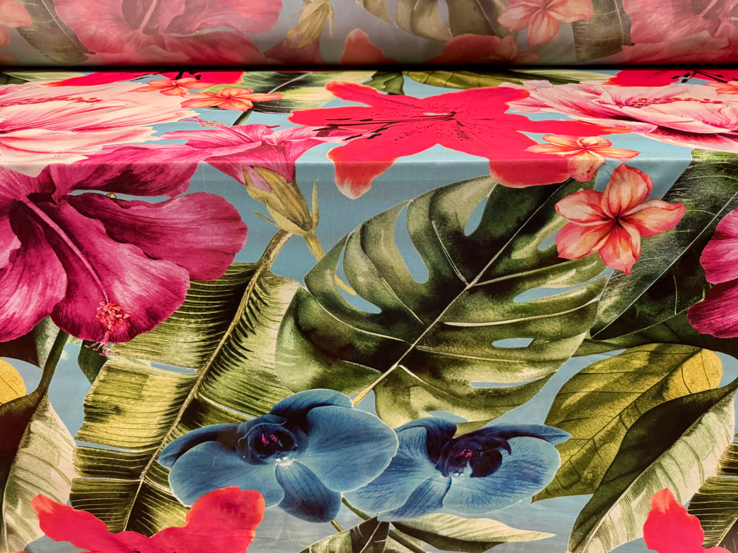 Power mesh net stretch spandex fabric, per metre - Tropical orchid floral print - sky blue & pink