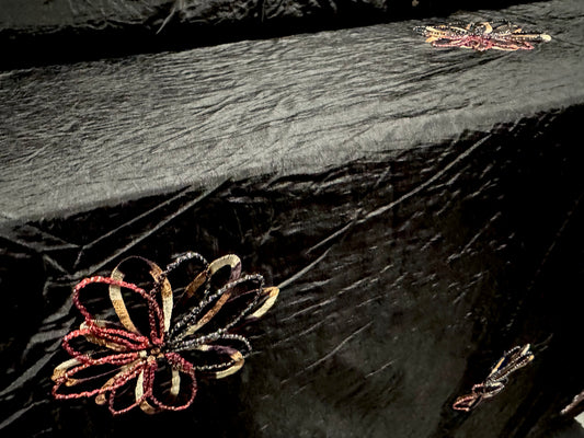 Taffeta faux silk fabric, per metre - metallic embroidered flowers - black pink & gold