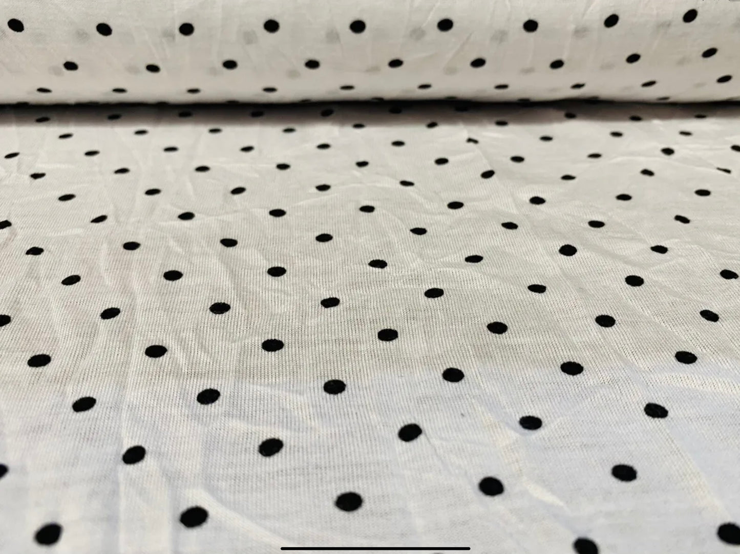 Crush soft handle single jersey dress fabric, per metre - white with black spots print