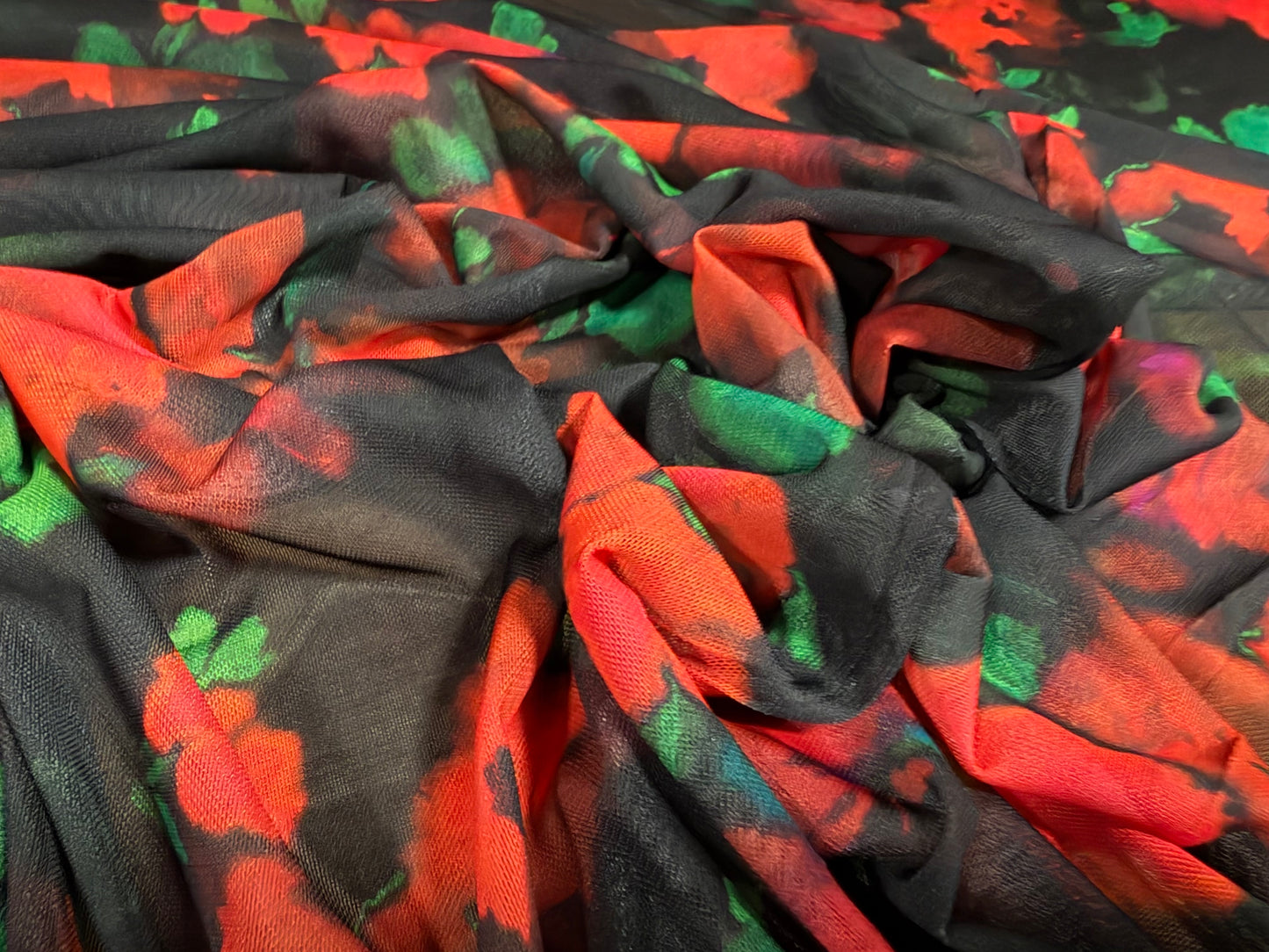 Power mesh net stretch spandex fabric, per metre - soft focus floral print - black red & green