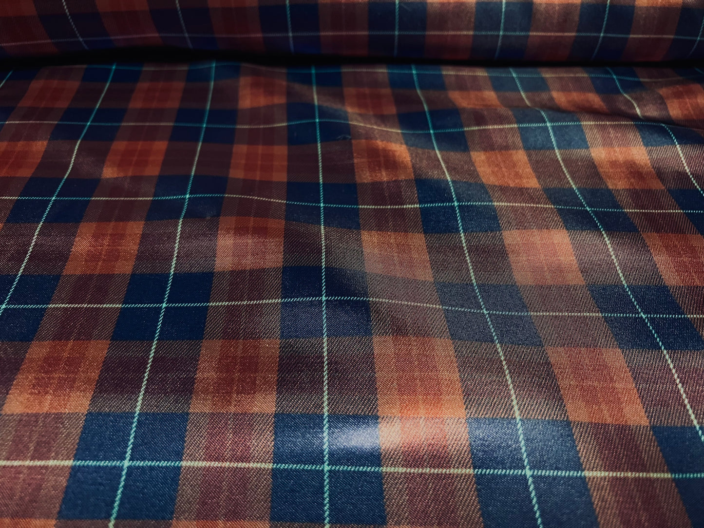 Silky Satin woven dress fabric, per metre - tartan check print - navy & plum