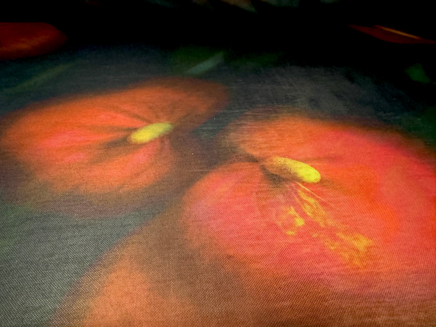 Power mesh net stretch spandex fabric, per metre - jumbo orchid floral print - black bottle green & red