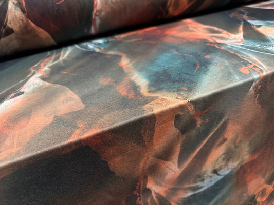 Soft handle stretch single jersey fashion fabric, per metre - Quartz print - teal & rust