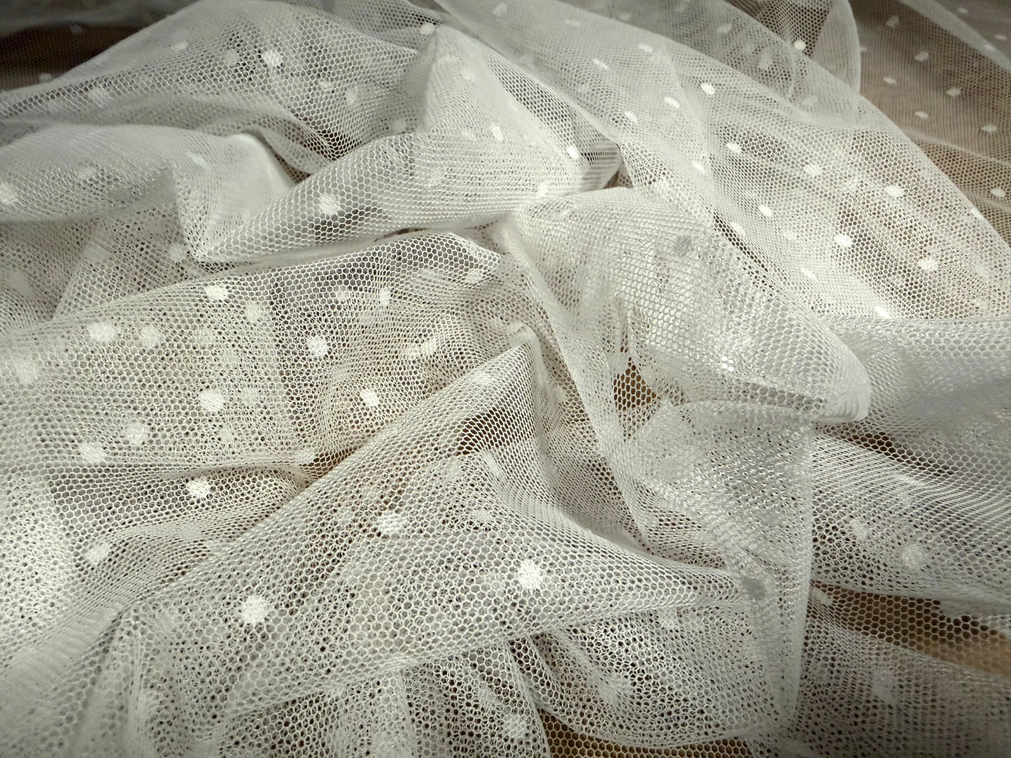 Stretch spandex mesh net fabric, per metre - spotted - white on white