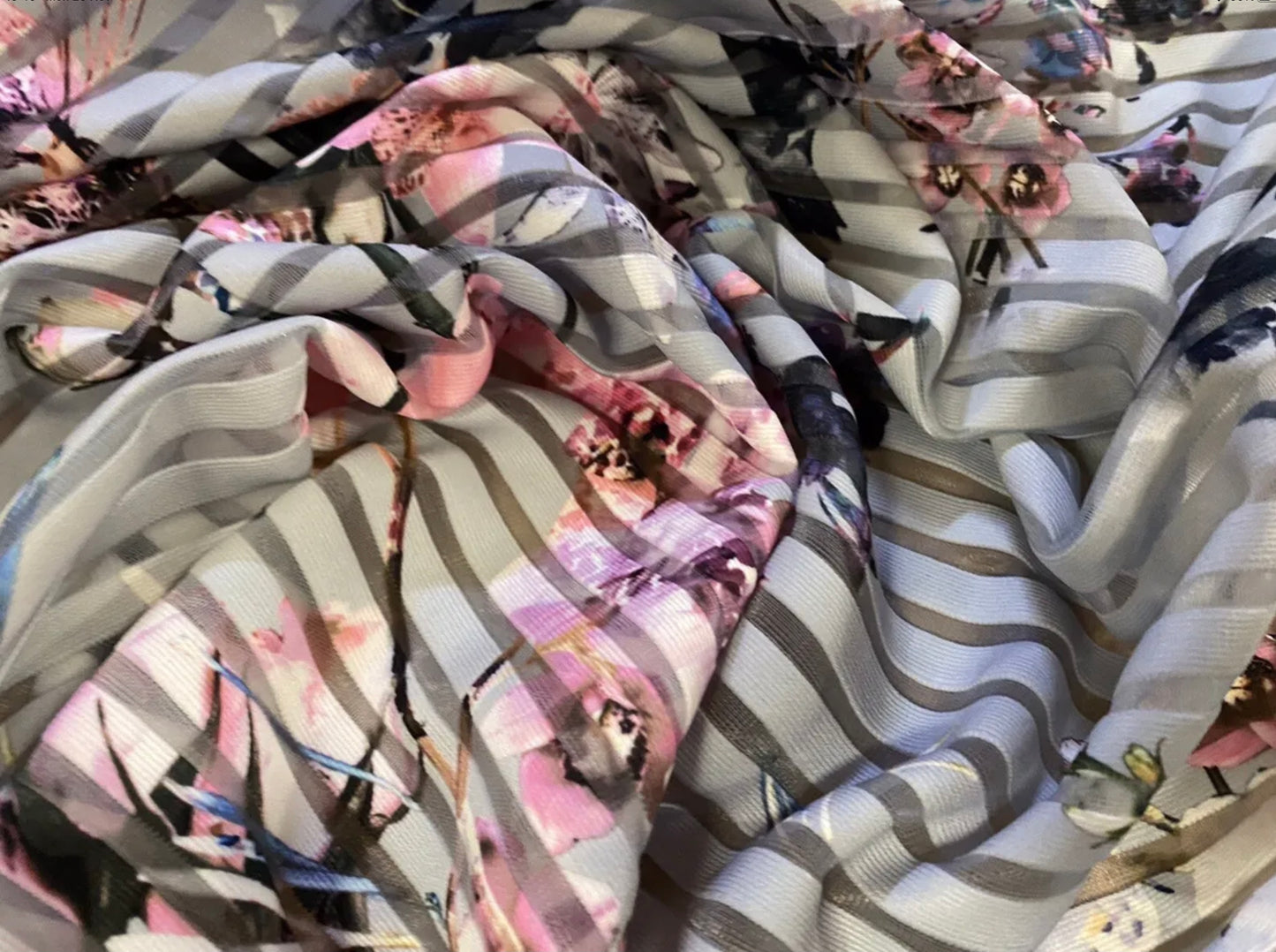 Ottoman rib burnout stripe jersey fabric , per metre - orchid flower print - grey & pink