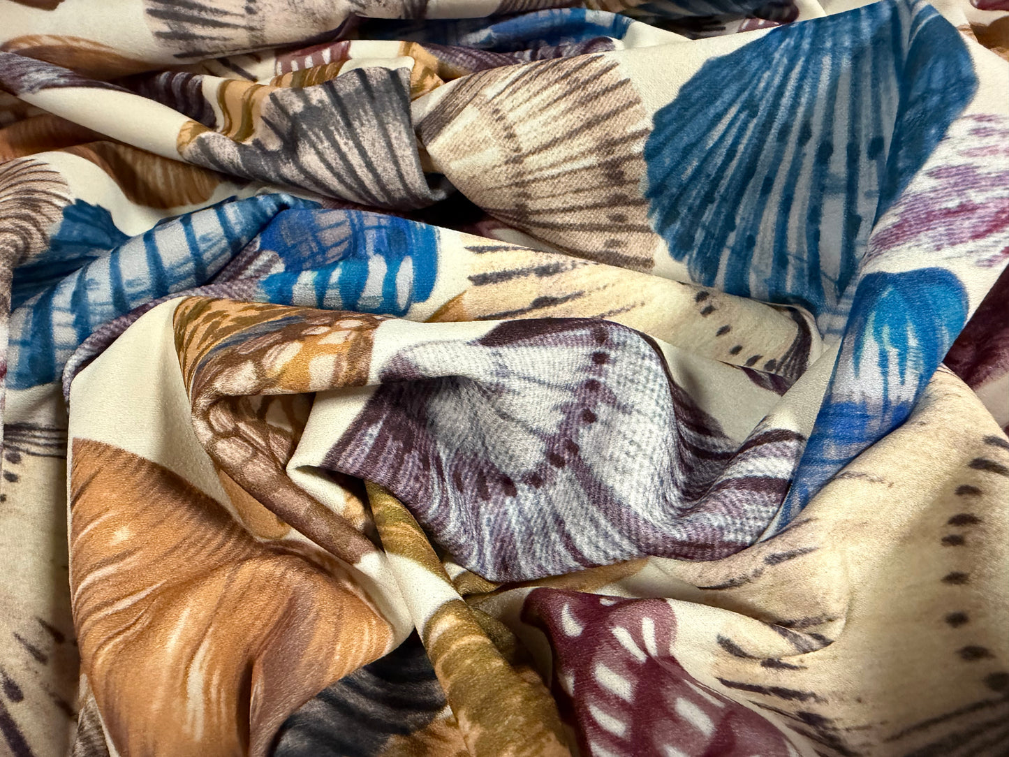 Scuba crepe fabric stretch spandex jersey, per metre - seashells & starfish print