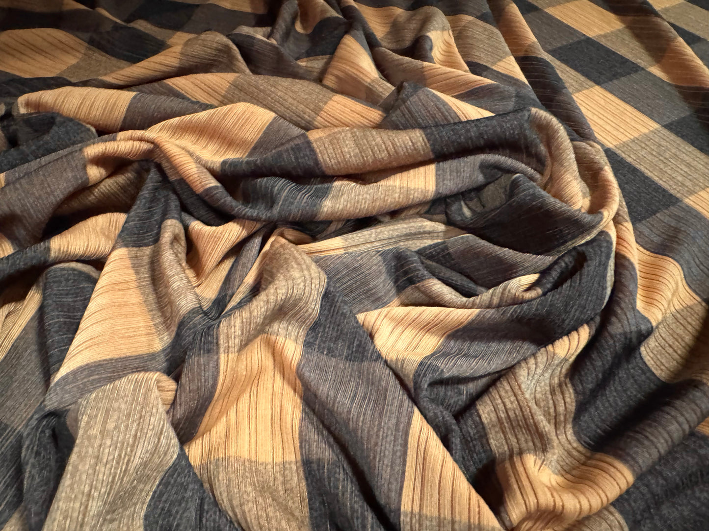 Stretch spandex ribbed jersey fabric, per metre - buffalo check print - charcoal & tan
