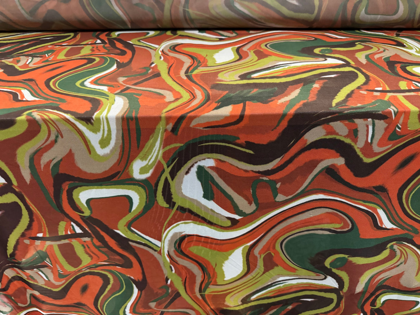 Power mesh net stretch spandex fabric, per metre - abstract print - khaki green & burnt orange