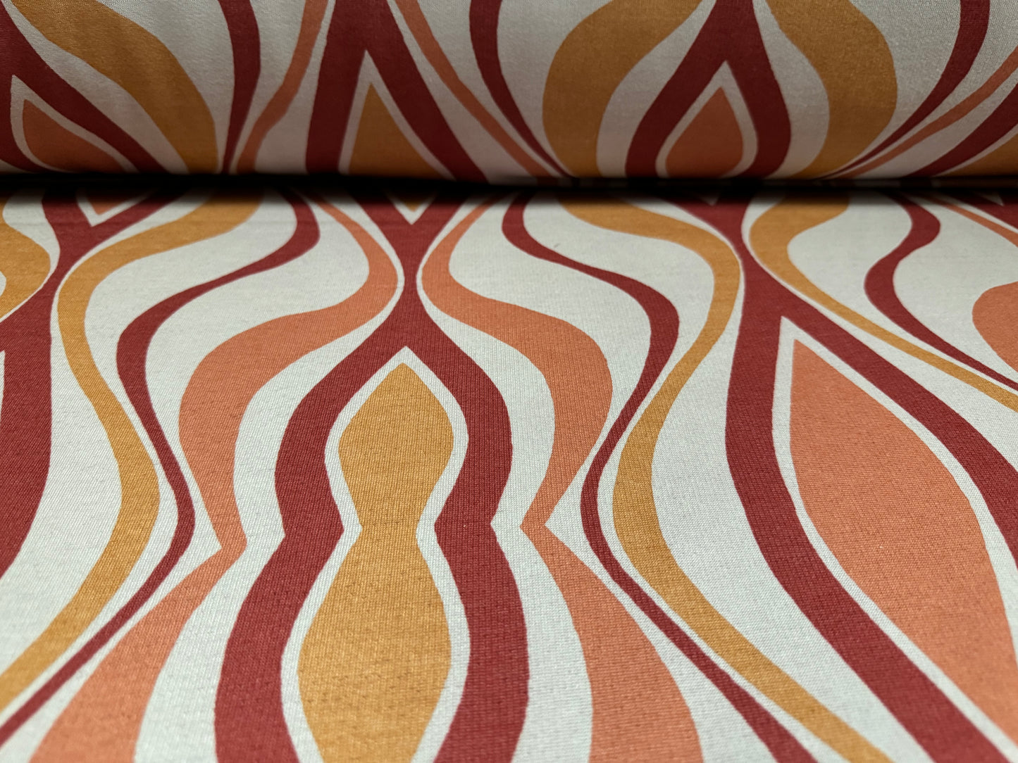 Sweatshirt fleece soft jersey fabric, per metre - Moroccan wave print - grey, wine & terracotta
