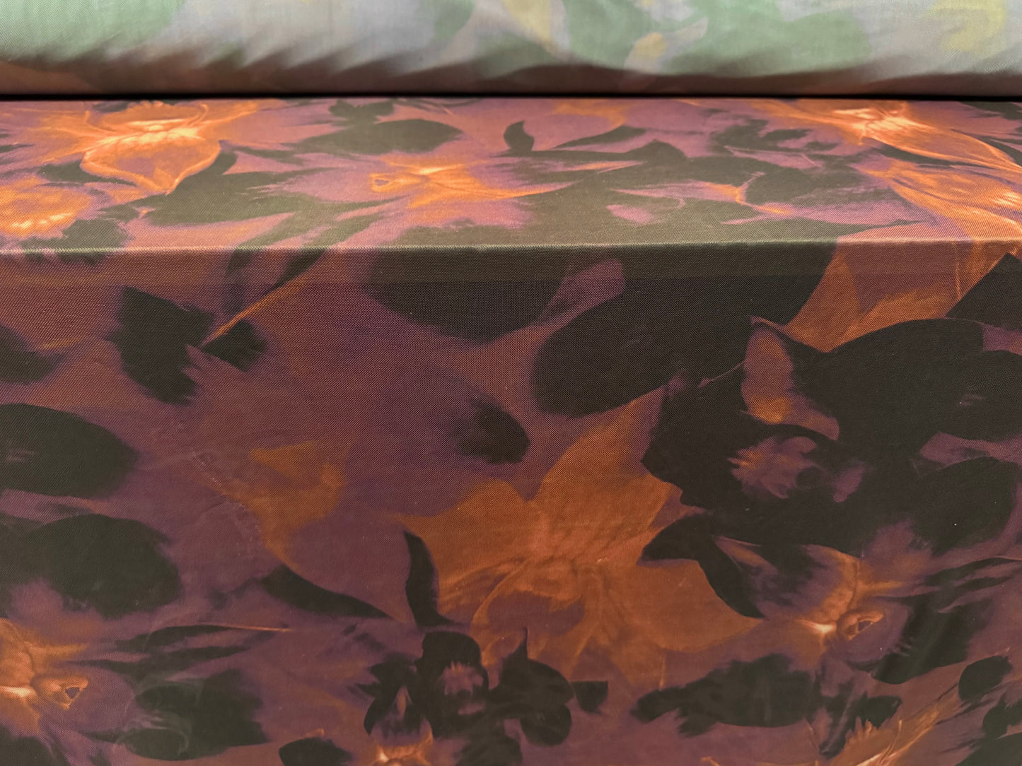 Power mesh net stretch spandex fabric, per metre - orchid floral print - orange & plum