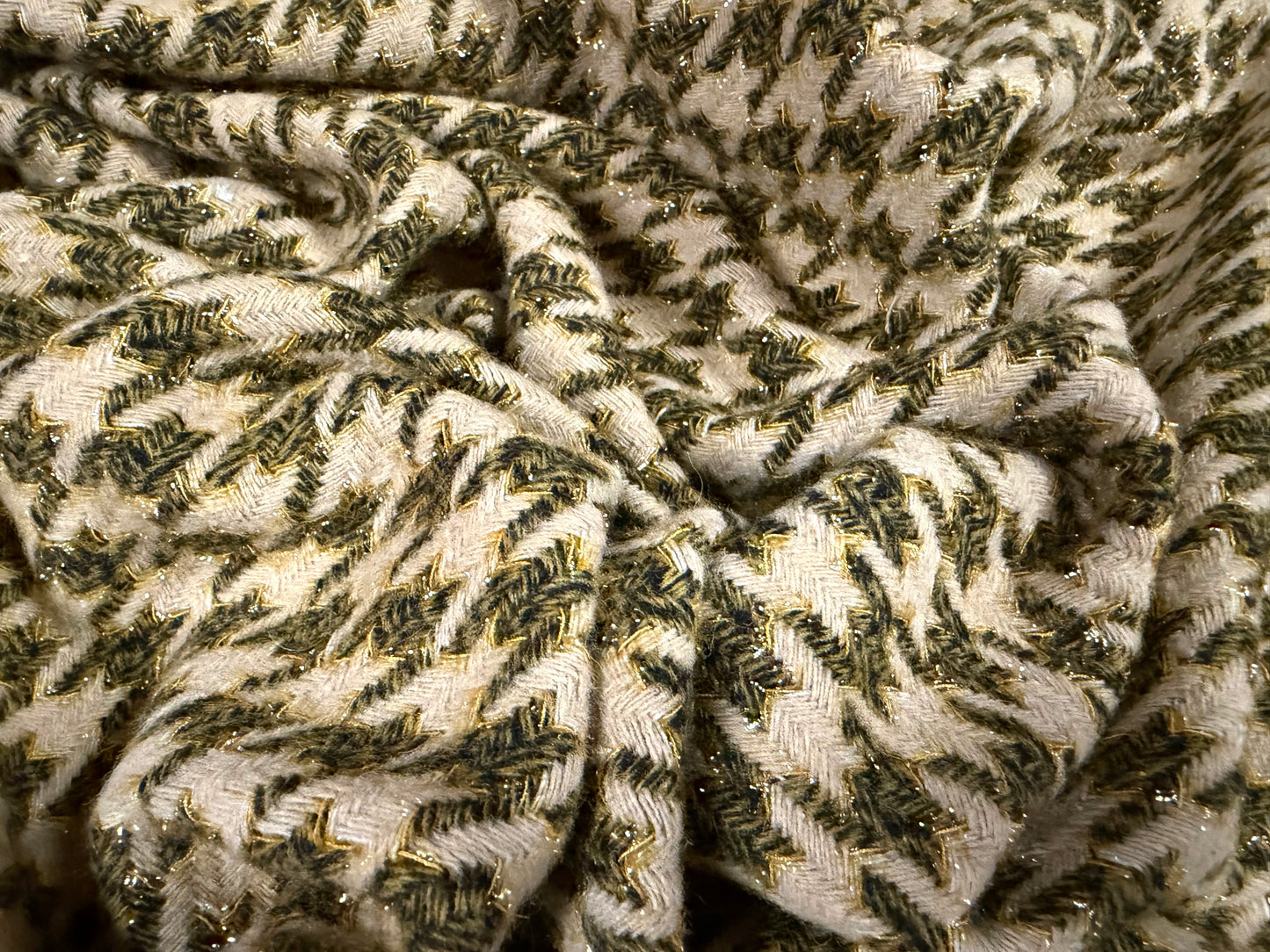 Metallic wool bouclé fabric, per metre - houndstooth - beige gold & olive