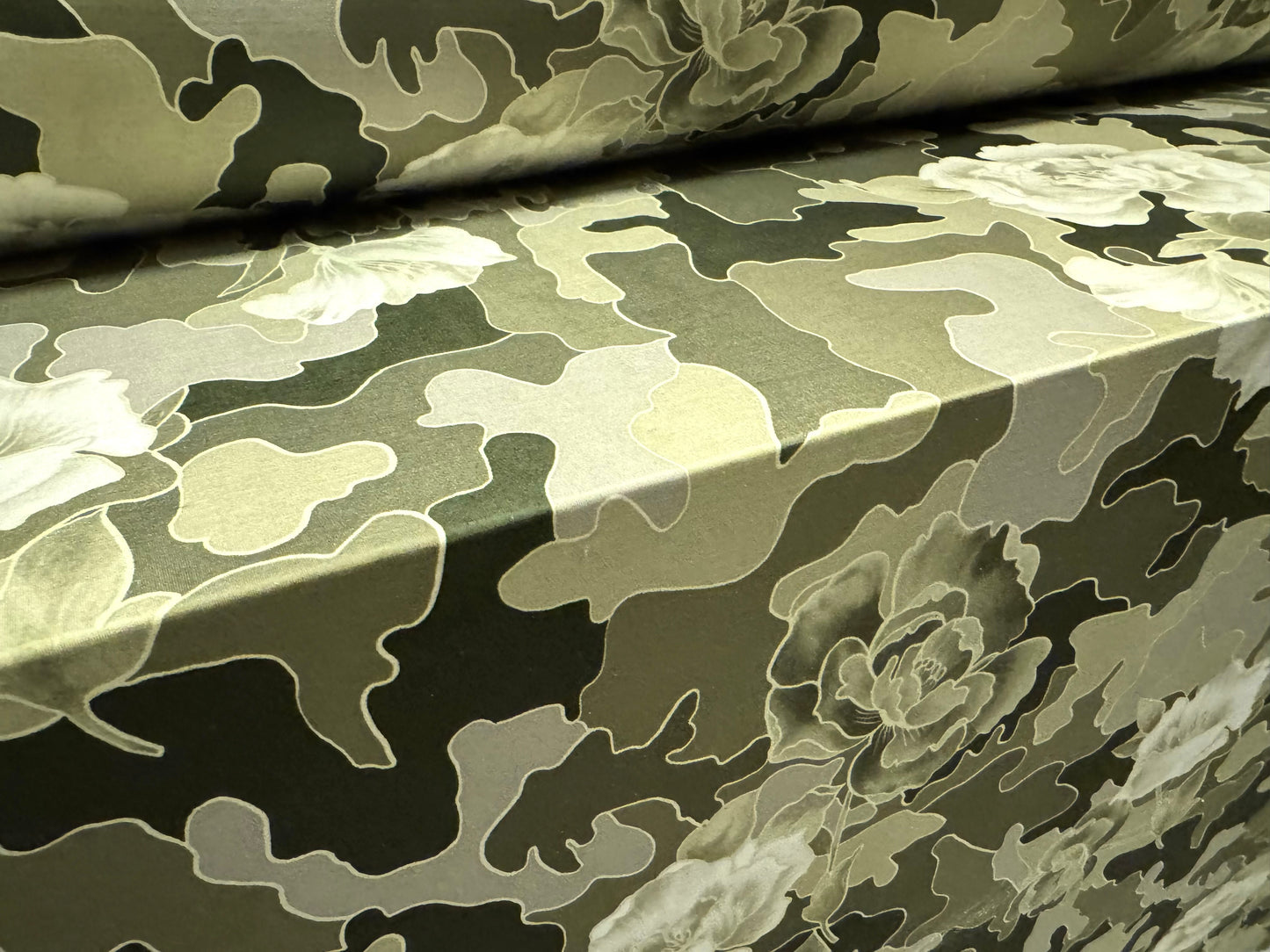 Soft touch stretch spandex single jersey fabric, per metre - camouflage rose print - khaki & sage green