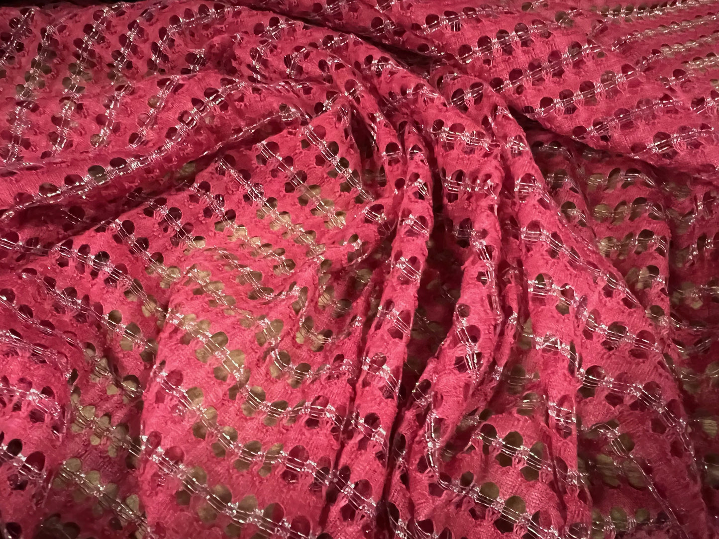 Metallic crochet knitwear jersey fabric, per metre - raspberry wine & silver