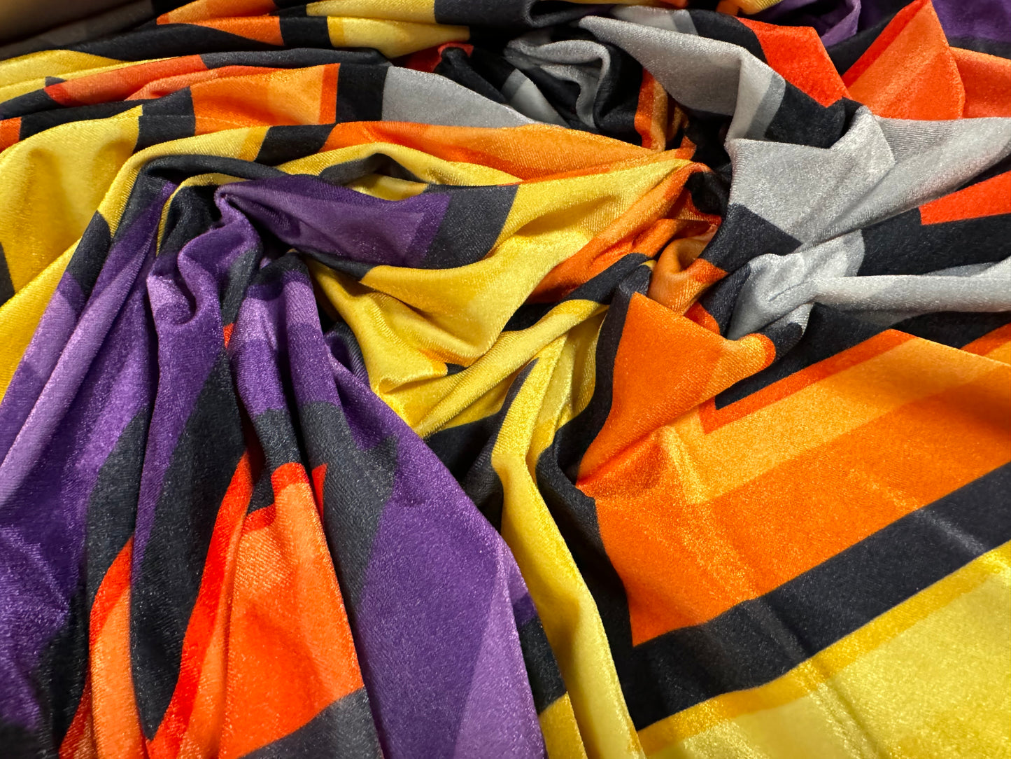 Spandex velvet stretch dress fabric, per mere - jumbo zigzag print - bright purple orange & yellow