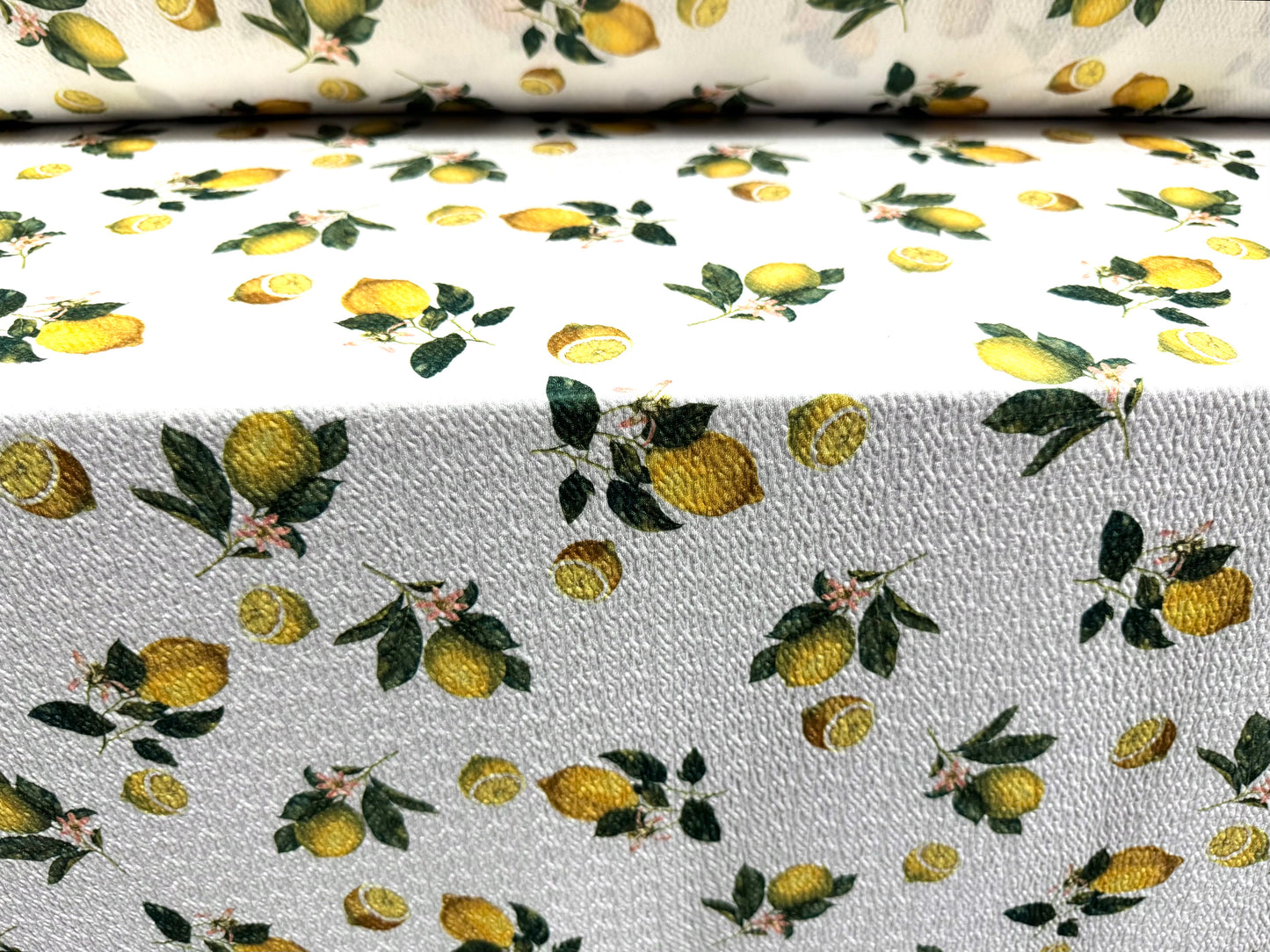 Blister jacquard stretch spandex jersey fabric, per metre - lemons print - ivory & yellow