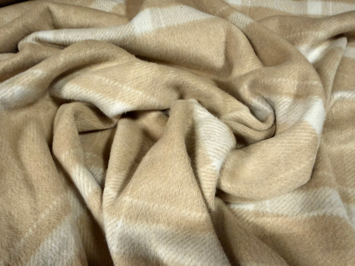 Wool flannel fabric, per metre - plaid check - stone