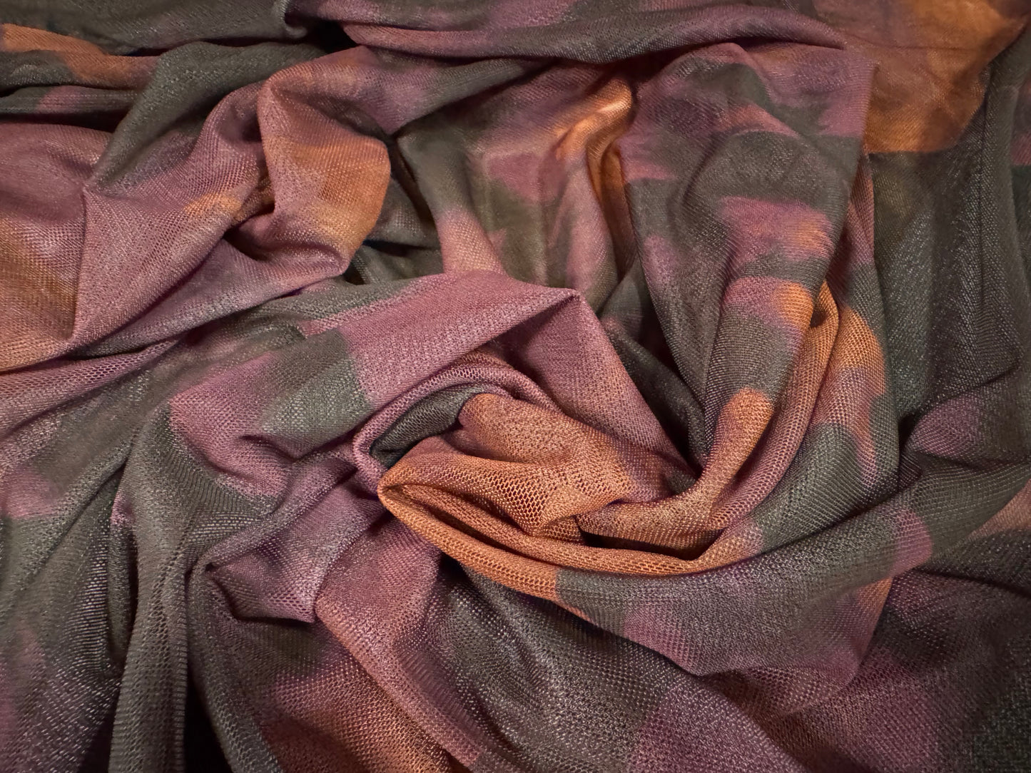 Power mesh net stretch spandex fabric, per metre - orchid floral print - orange & plum