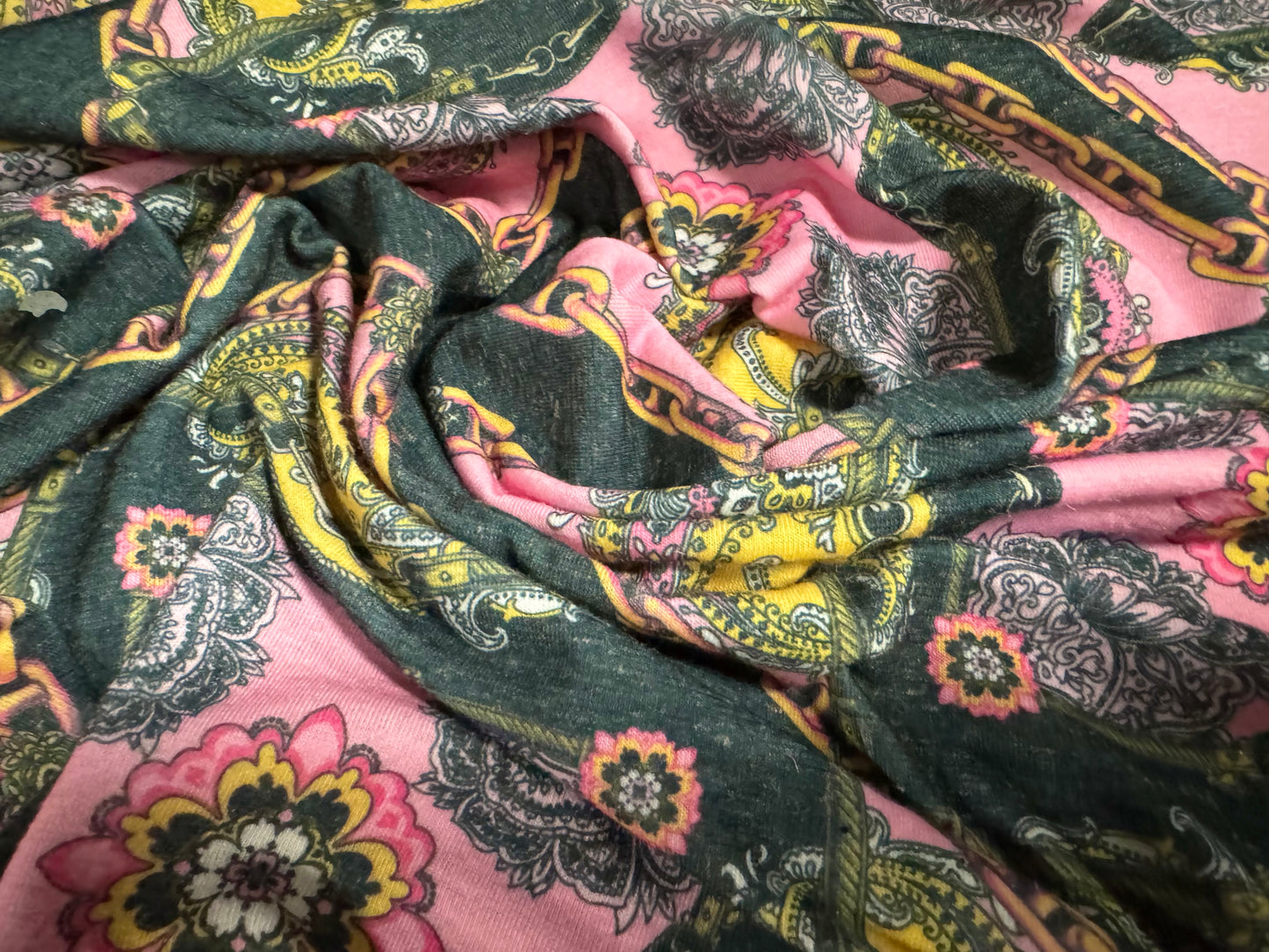 Soft handle single jersey fashion fabric, per metre - designer paisley & chains print - pink gold & black