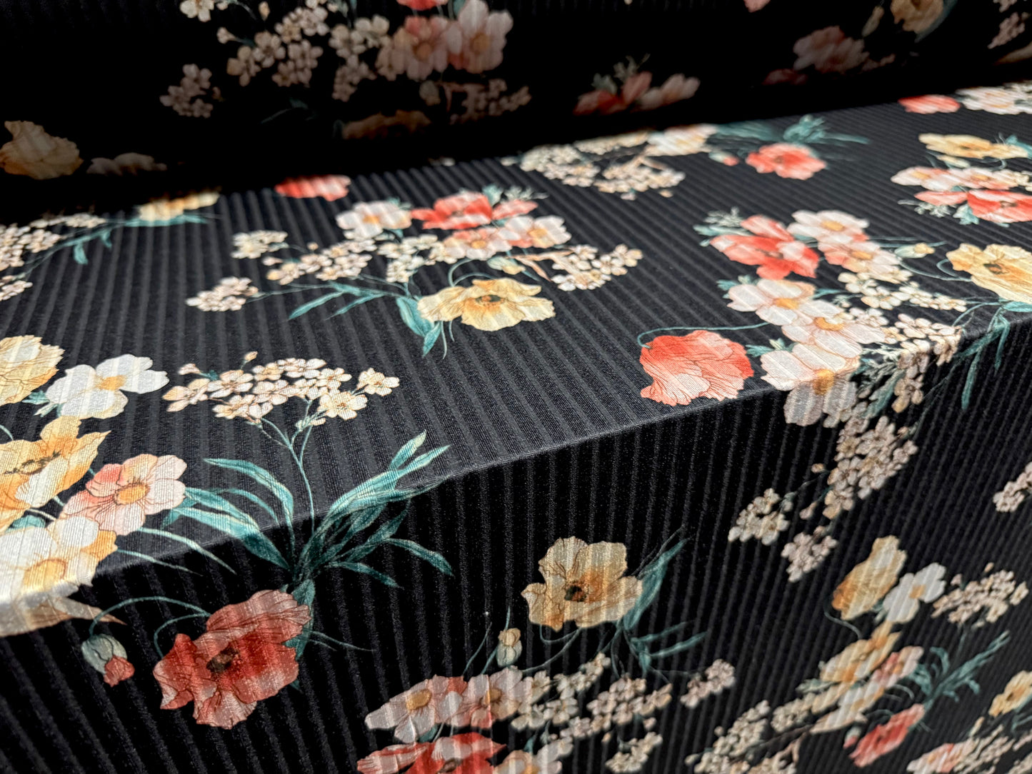 Stretch spandex rib jersey fabric, per metre - flower bouquet print - black pink & yellow