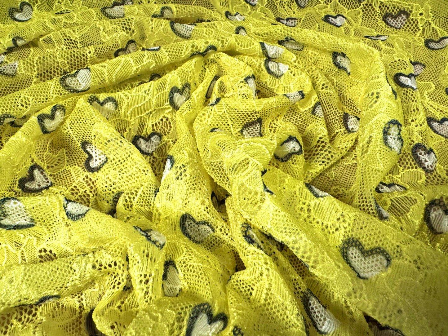 Stretch spandex lace fabric, per metre - love hearts print - lemon