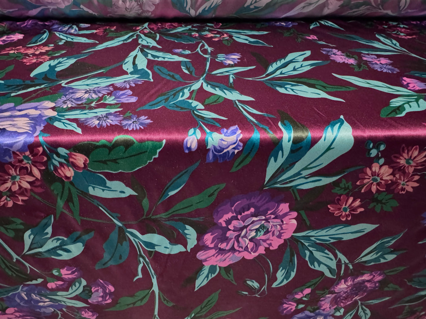 Silky Stretch charmeuse satin dress fabric, per metre - floral print - plum jade & purple