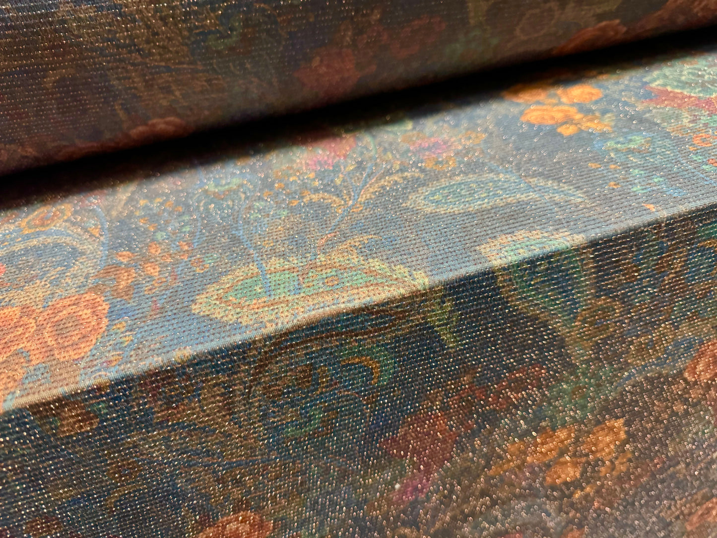 Metallic slinky spandex stretch jersey fabric with gold lurex, per metre - paisley floral print - blue grey & peach