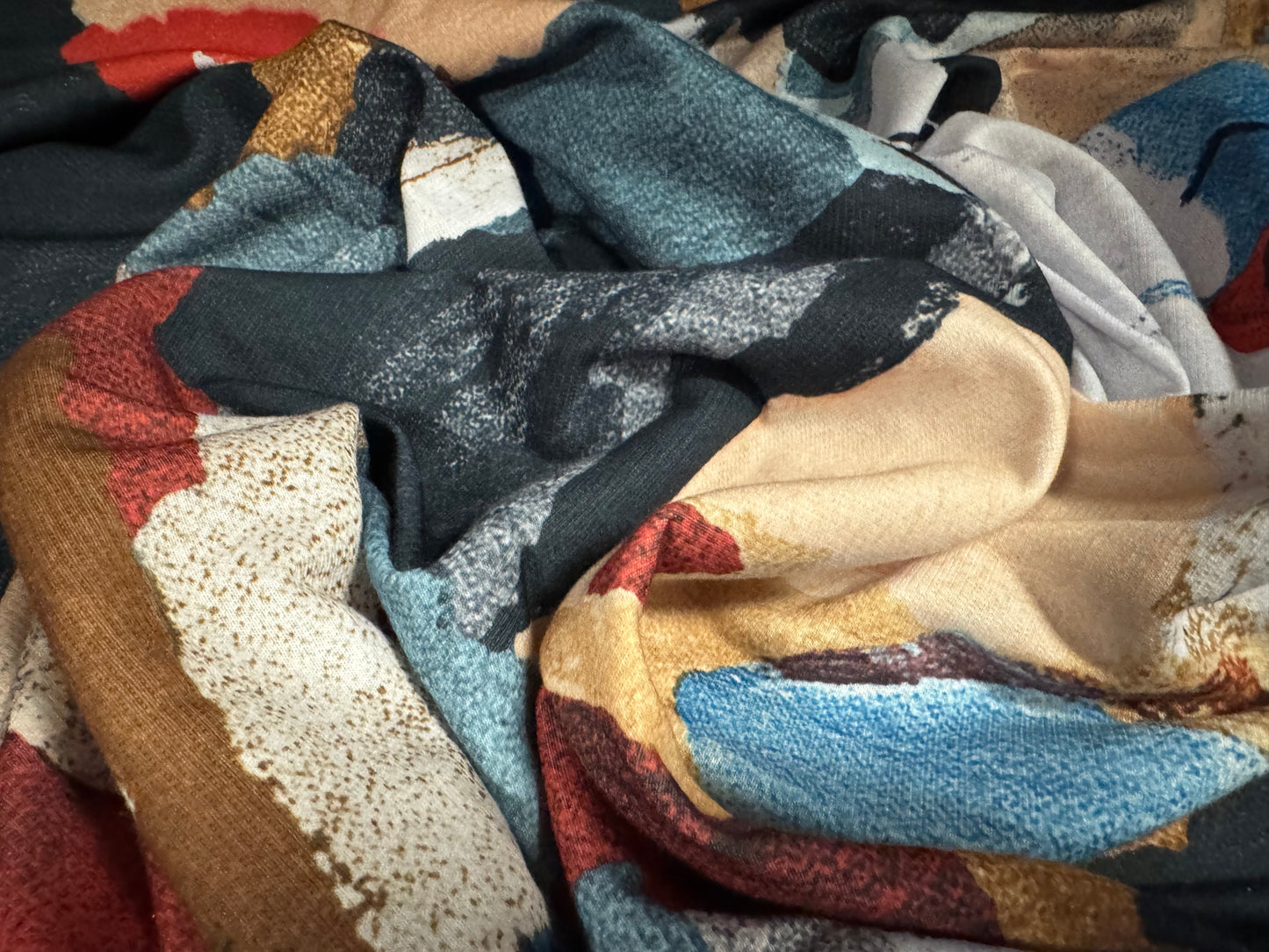 French Terry loopback sweatshirt jersey fabric, per metre - abstract print - teal navy & cream