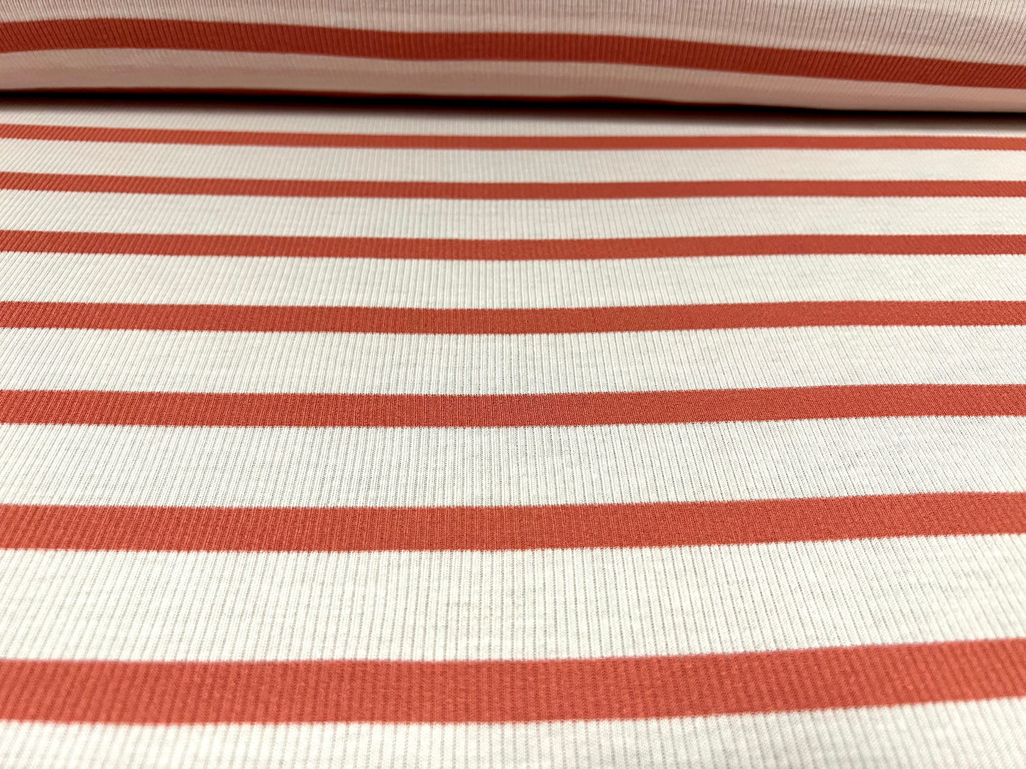Soft stretch spandex ribbed jersey fabric, per metre - stripe - coral & ivory