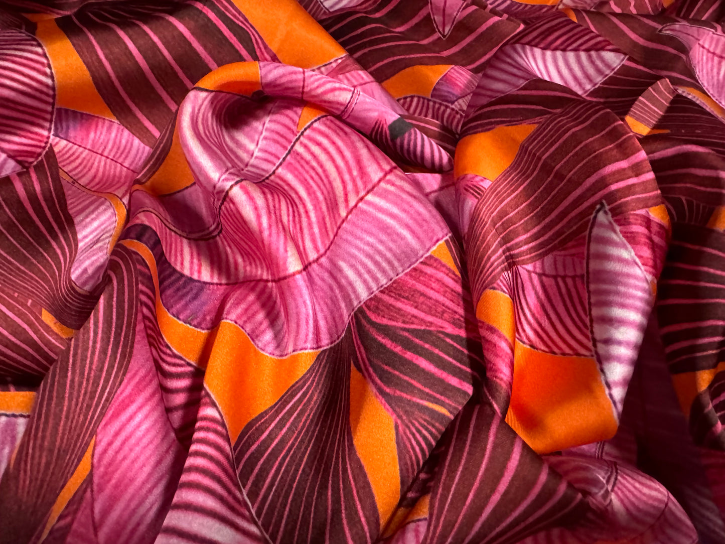 Dulled Satin woven dress fabric, per metre - leaves print - pink & orange