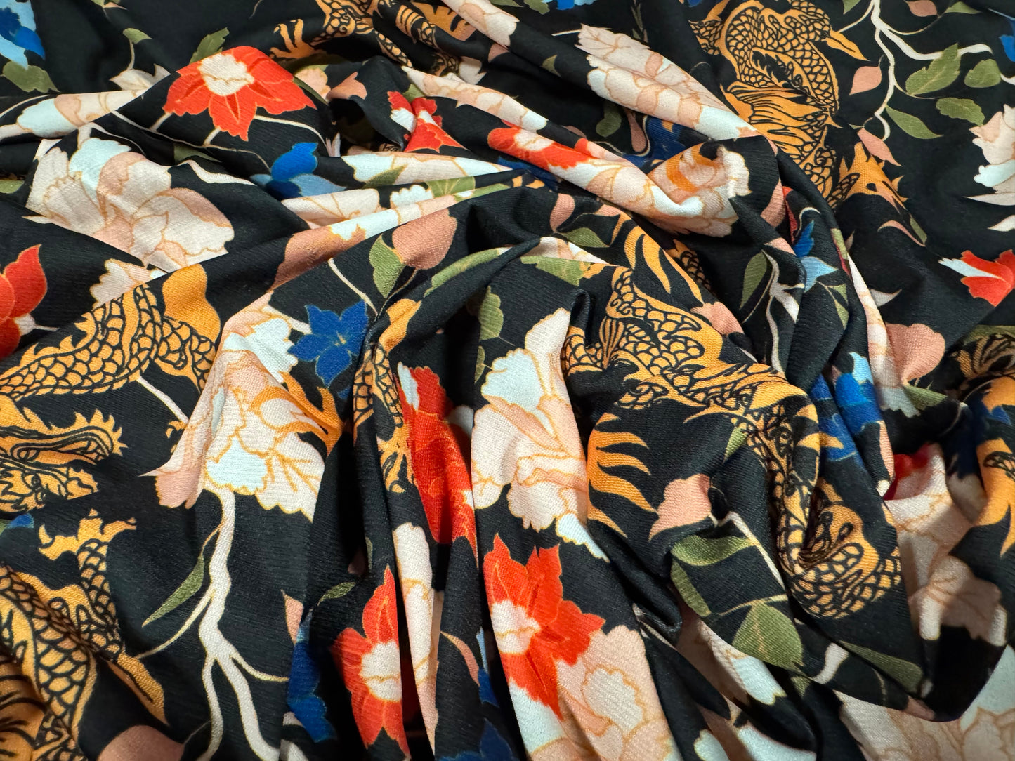 Soft touch stretch spandex single jersey fabric, per metre - dragons & flowers print - multicolour