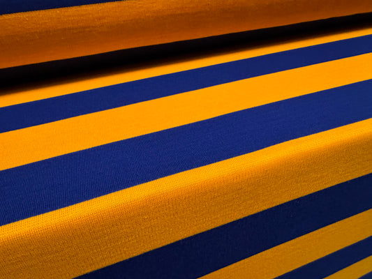 Knitwear jersey fabric, per metre - Rugby stripe - Royal Blue & Amber