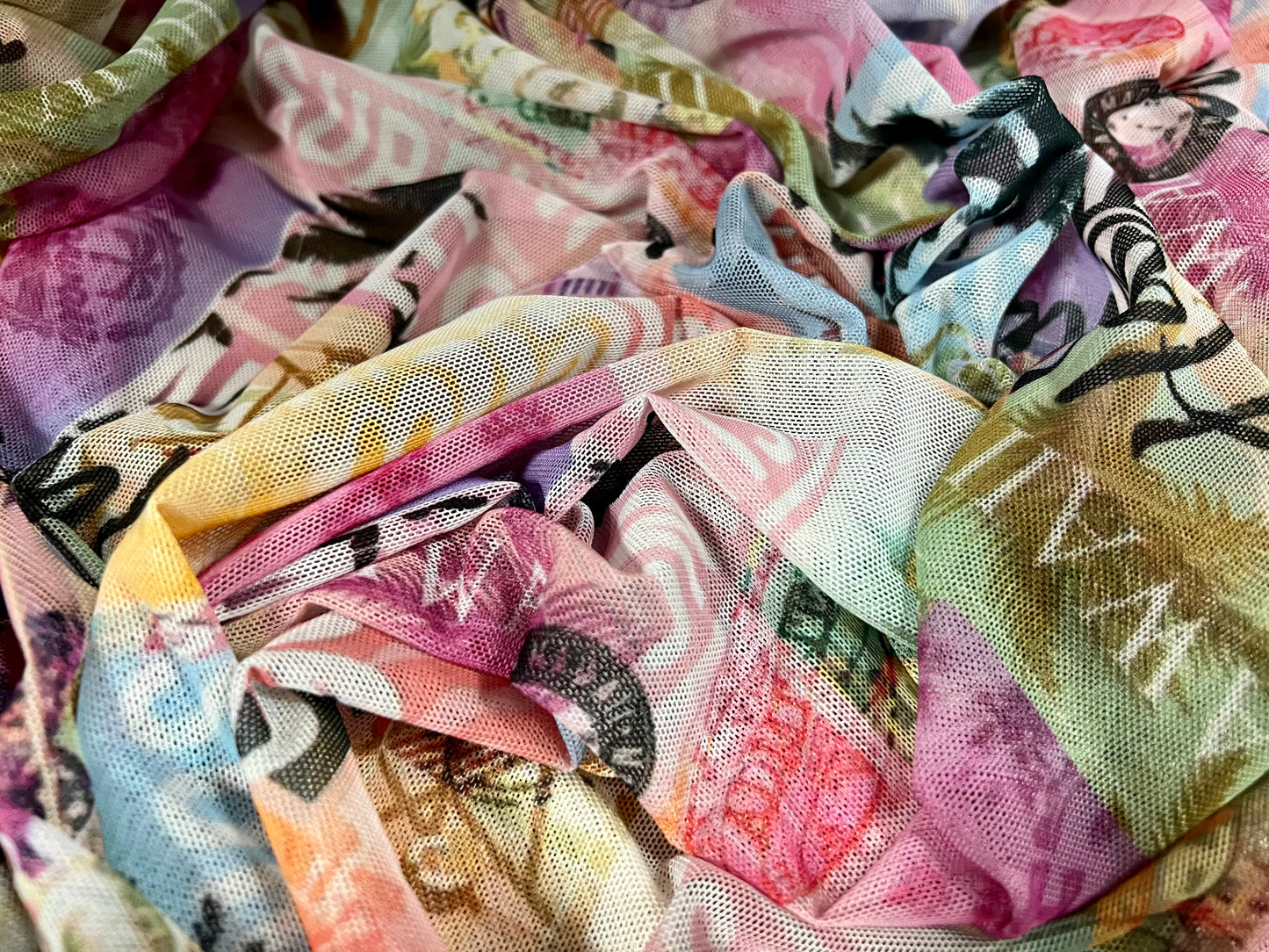 Power mesh net sheer stretch spandex fabric, per metre - Hawaiian beach montage - multicolour