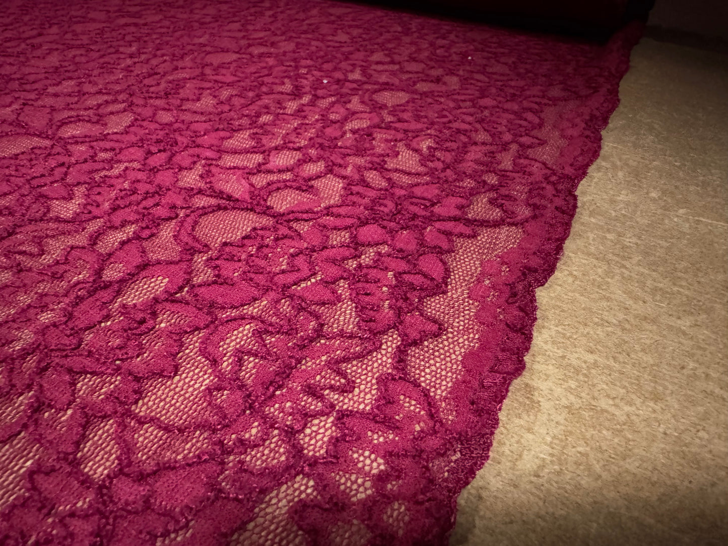 Stretch lace dress fabric, per metre - scalloped selvedge - flower design - Ruby