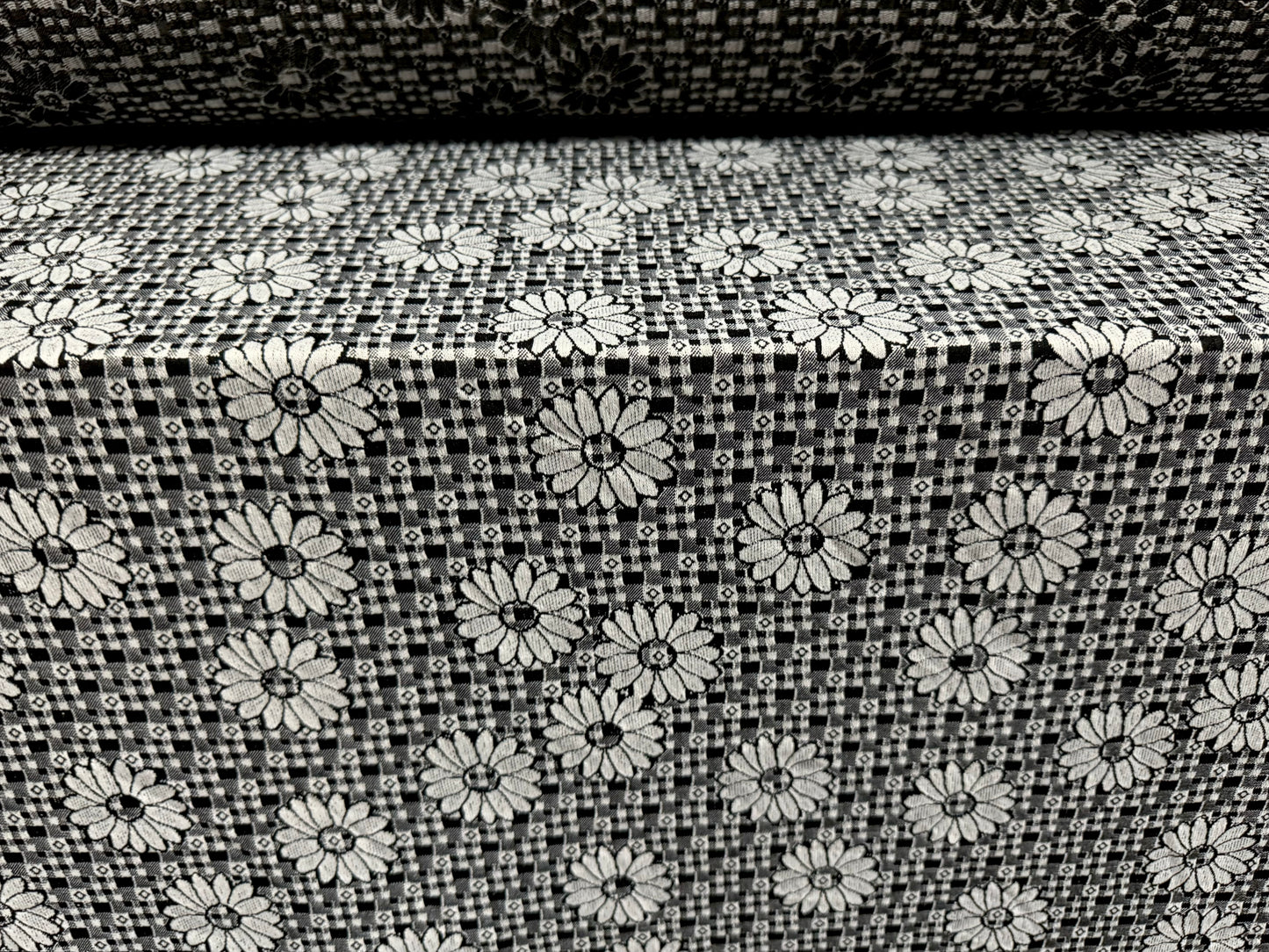 Stretch spandex double jersey fabric, per metre - daisy check jacquard - monochrome