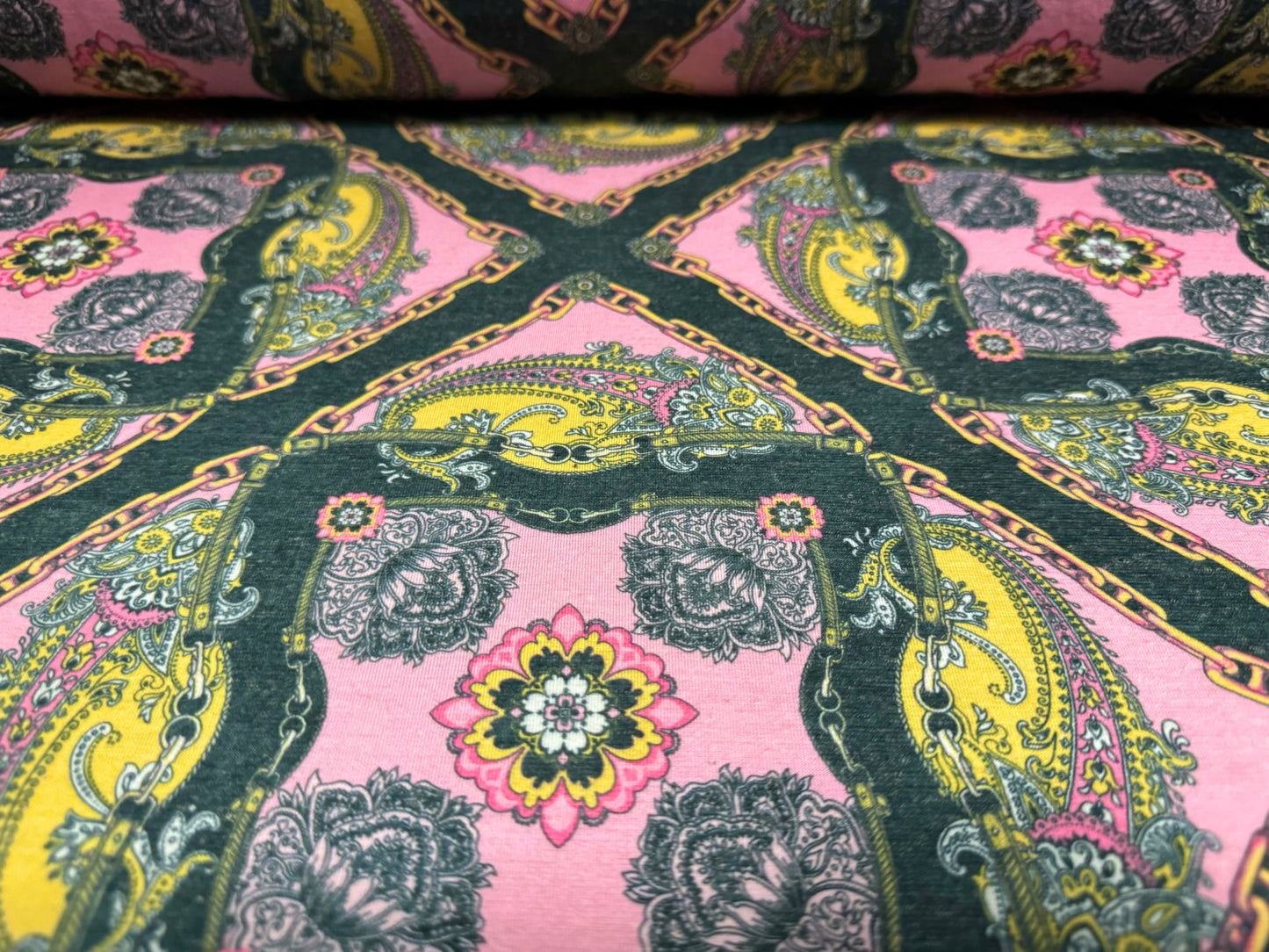 Soft handle single jersey fashion fabric, per metre - designer paisley & chains print - pink gold & black