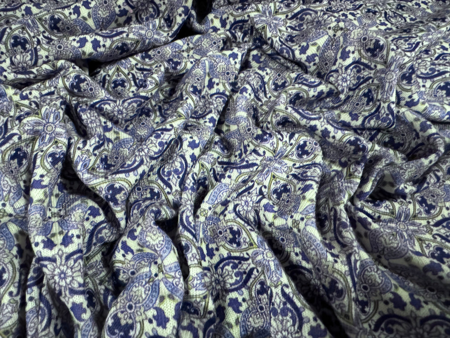 Jersey knit fashion fabric, per metre - quatrefoil paisley print - blue