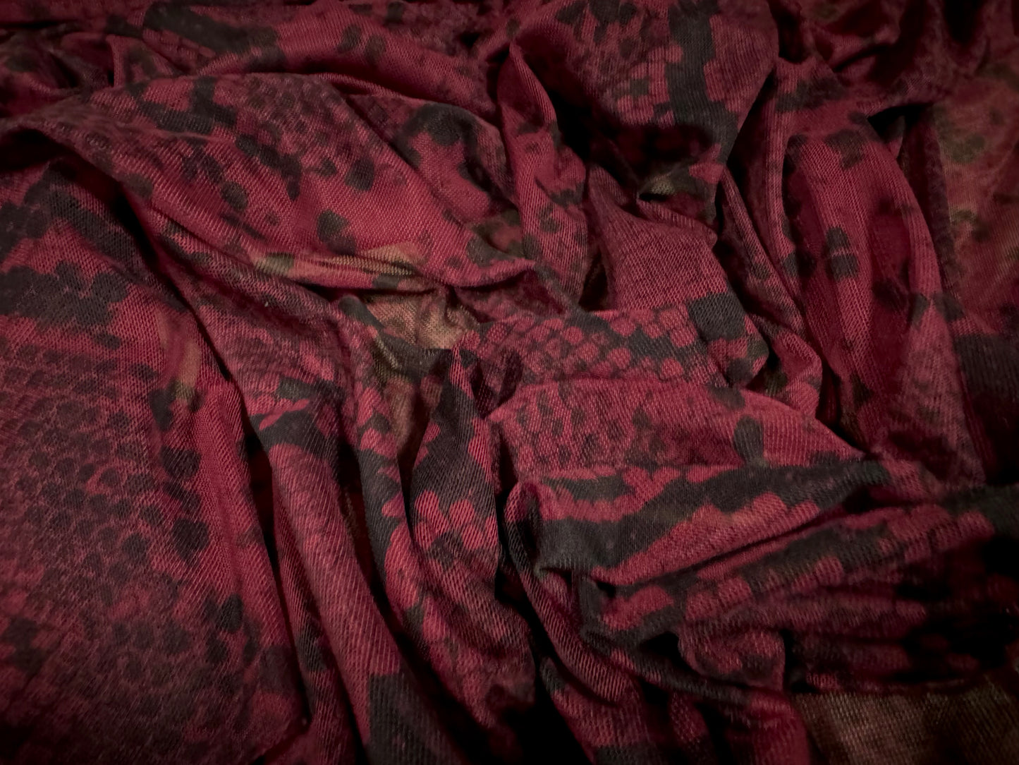 Power mesh net stretch spandex fabric, per metre - snakeskin animal print - wine