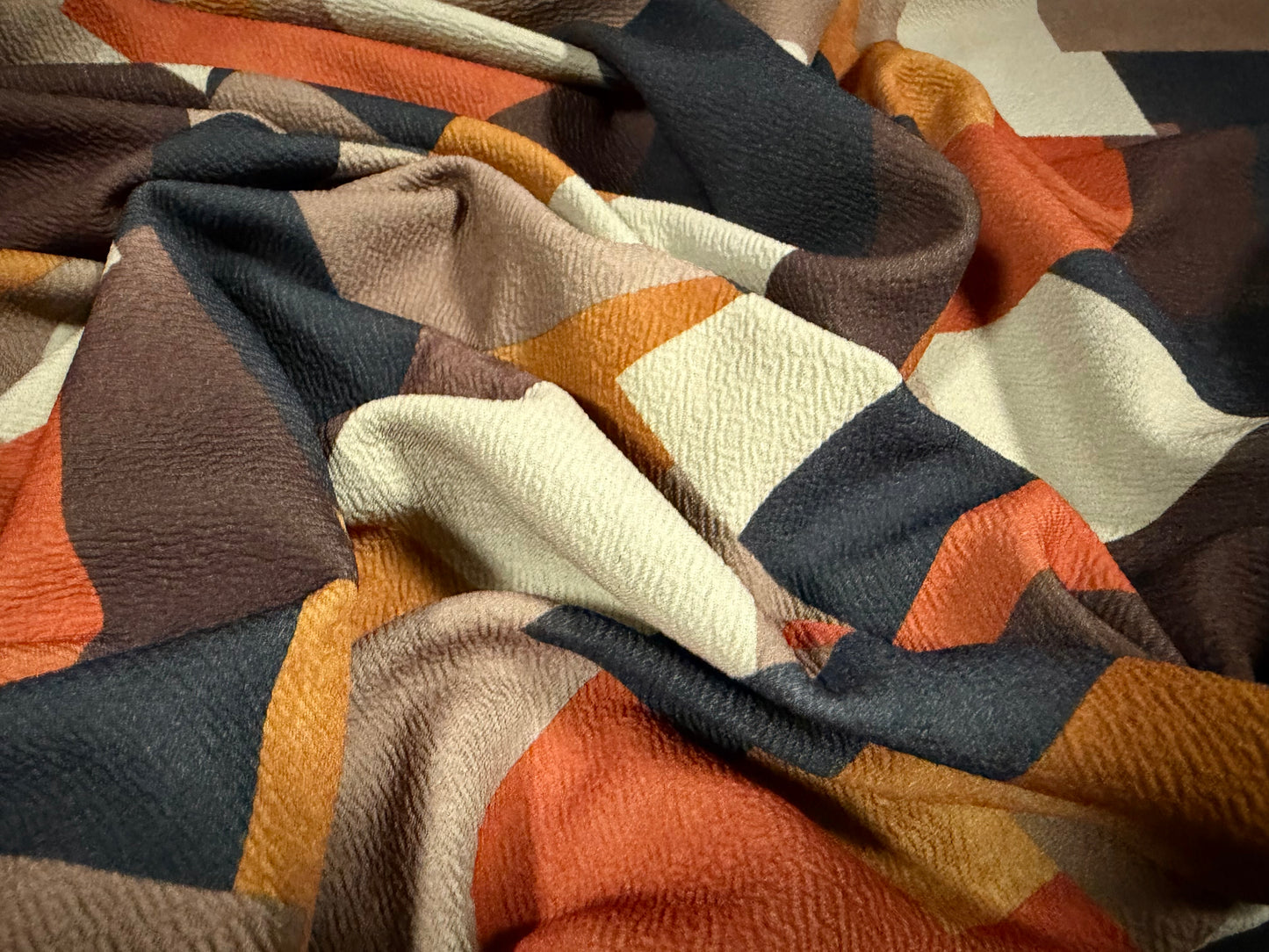 ‘Liverpool’ textured scuba stretch spandex jersey fabric, per metre - colour block shapes print - terracotta brown & sage