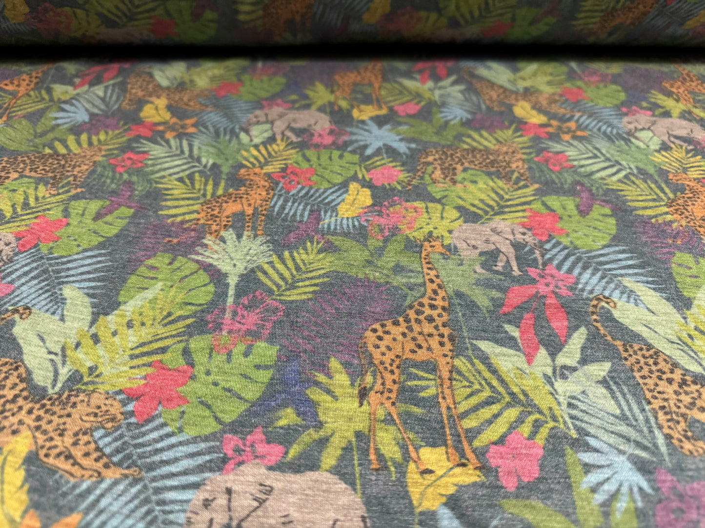 Stretch spandex melange jersey fabric, per metre - animal safari print - multicolour