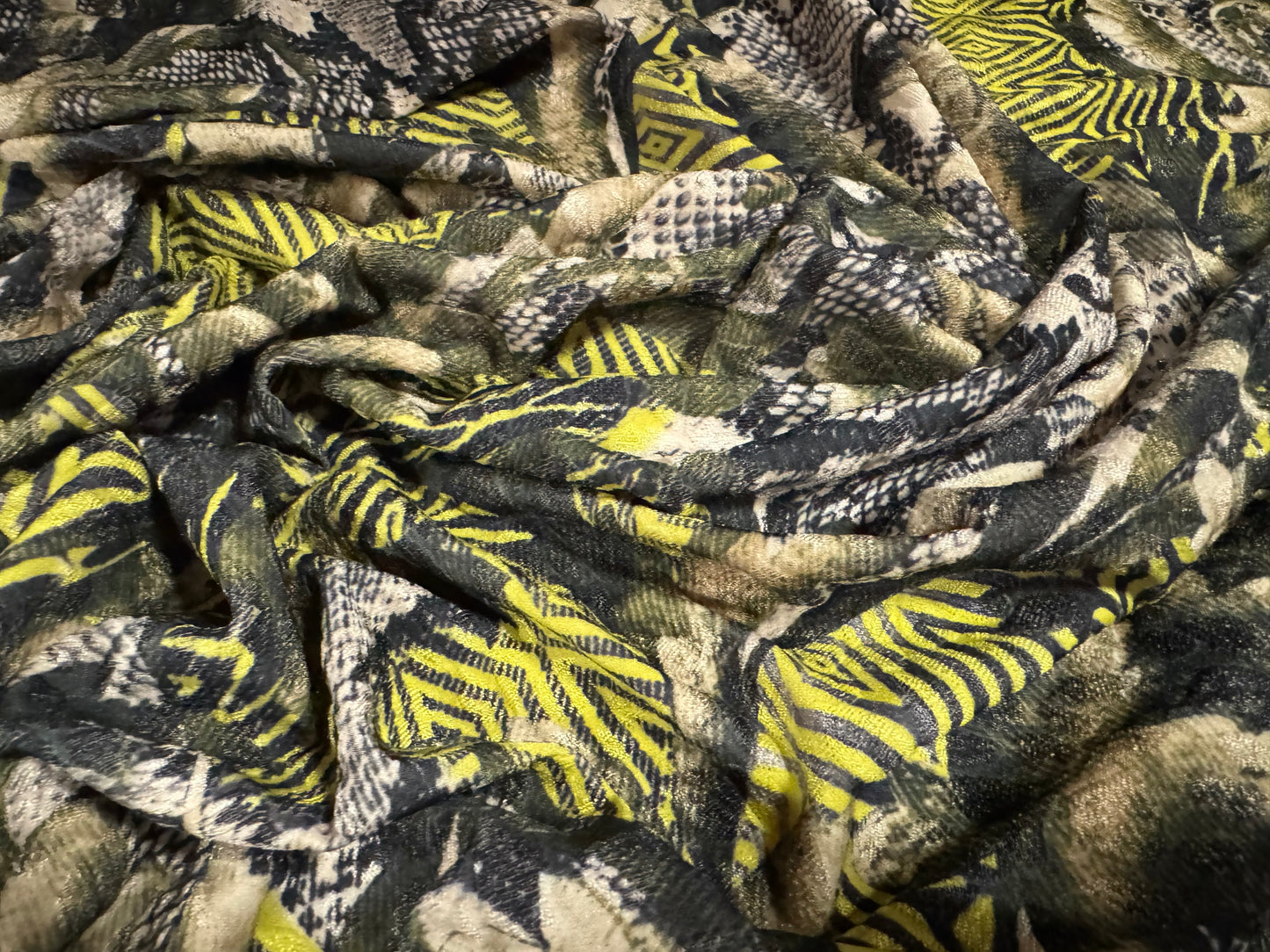 Stretch spandex jersey jacquard fabric, per metre - snakeskin and flowers print - khaki & lime green