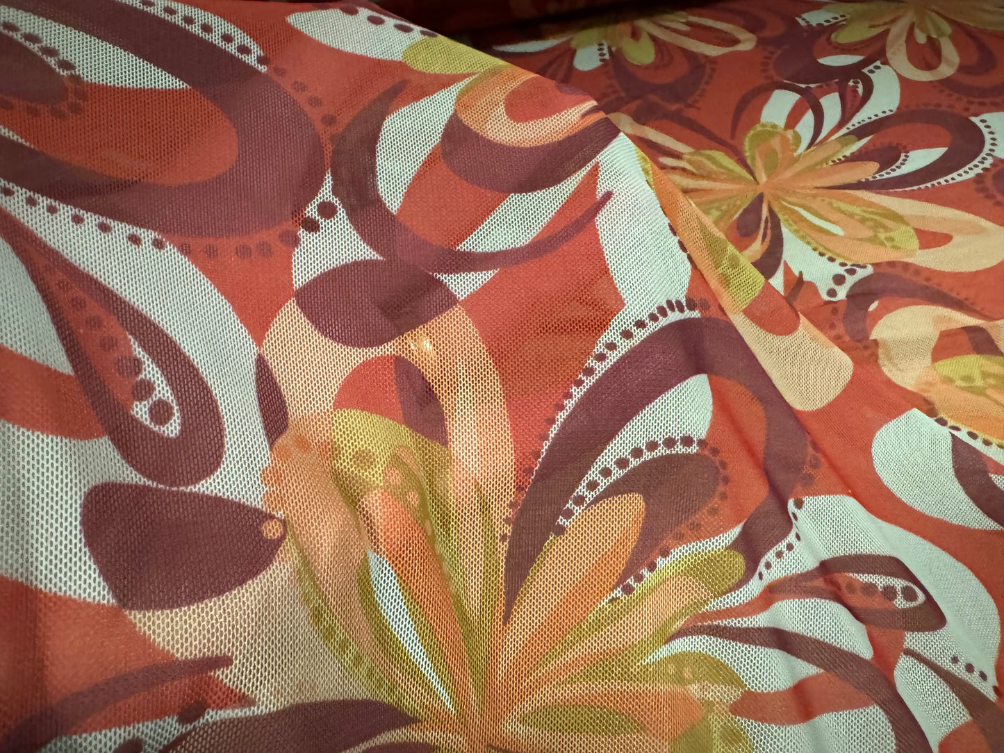 Power mesh net stretch spandex fabric, per metre - retro floral print - burnt orange